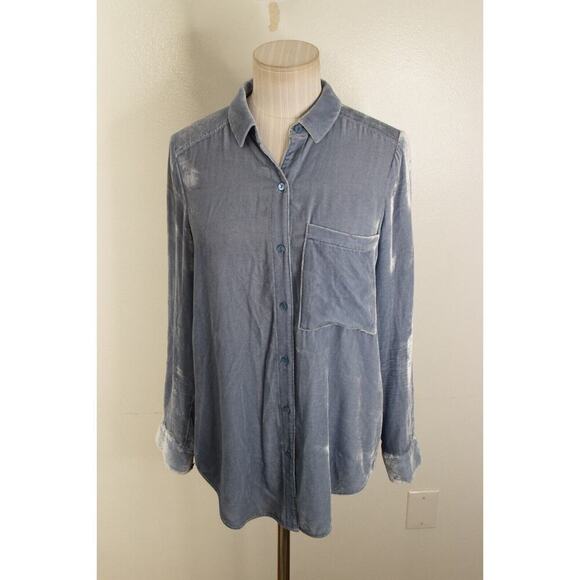 Eileen Fisher Shirt Womens Petite Purple Velvet Collar Button Front Light Blue - Picture 1 of 5